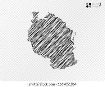 Silueta negra vectorial crotica dibujo a mano dibujó un dibujo de un mapa de Tanzania sobre fondo transparente.