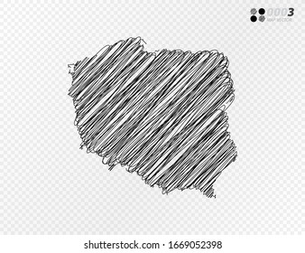Vector black silhouette chaotic hand drawn scribble sketch  of Poland map on transparent background.