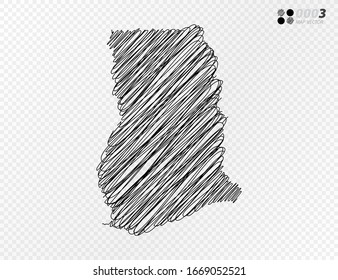 Vector black silhouette chaotic hand drawn scribble sketch  of Ghana map on transparent background.