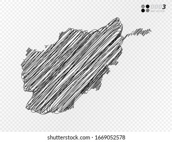 Silueta negra vectorial crotica dibujo a mano garabatos del mapa de Afganistán sobre fondo transparente.