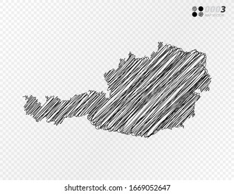 Vector black silhouette chaotic hand drawn scribble sketch  of Austria map on transparent background.