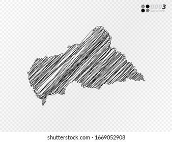 Vector black silhouette chaotic hand drawn scribble sketch  of Central African map on transparent background.
