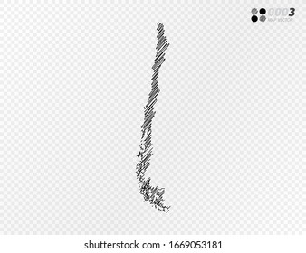 Vector black silhouette chaotic hand drawn scribble sketch  of Chile map on transparent background.