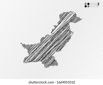 Vector black silhouette chaotic hand drawn scribble sketch  of Pakistan map on transparent background.