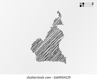 Vector black silhouette chaotic hand drawn scribble sketch  of Cameroon map on transparent background.