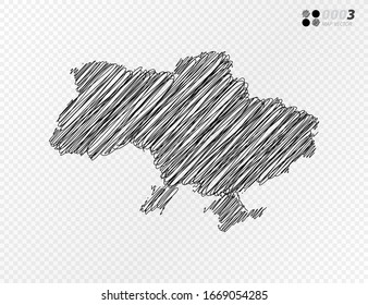 Vector black silhouette chaotic hand drawn scribble sketch  of Ukraine map on transparent background.