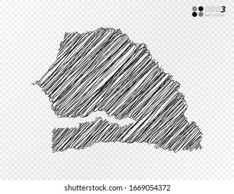 Vector black silhouette chaotic hand drawn scribble sketch  of Senegal map on transparent background.