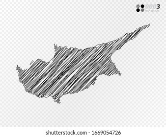 Vektorillustration schwarze Silhouette chaotische handgezeichnete Schreib-Skizze von Zypern Karte auf transparentem Hintergrund.