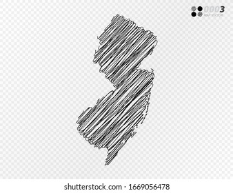 Vector black silhouette chaotic hand drawn scribble sketch  of New Jersey map on transparent background.