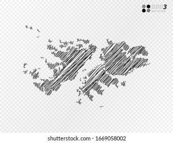 Esbozo de escarabajo negro vectorial dibujado a mano dibujando el mapa de las Islas Malvinas sobre fondo transparente.