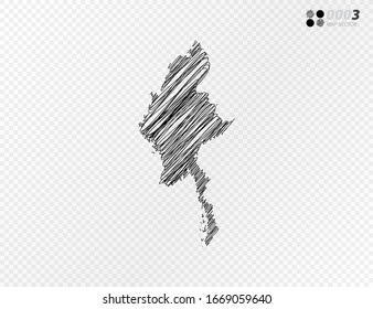 Silueta negra vectorial crotica dibujo a mano garabatos del mapa de Myanmar sobre fondo transparente.