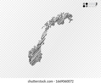 Silueta negra vectorial crotica dibujo a mano dibujó un dibujo de Noruega mapa sobre fondo transparente.