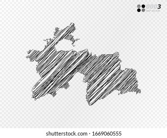 Vector black silhouette chaotic hand drawn scribble sketch  of Tajikistan map on transparent background.