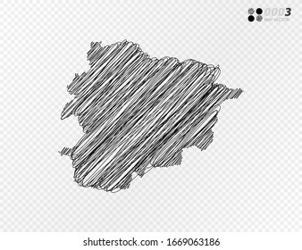 Silueta negra vectorial crotica dibujo a mano dibujado a garabatos del mapa de Andorra sobre fondo transparente.