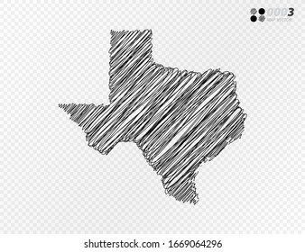 Vector black silhouette chaotic hand drawn scribble sketch  of Texas map on transparent background.