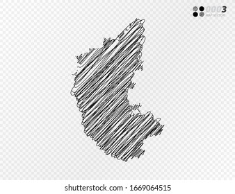 Vector black silhouette chaotic hand drawn scribble sketch  of Karnataka map on transparent background.