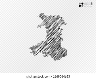 Vector black silhouette chaotic hand drawn scribble sketch  of Wales map on transparent background.