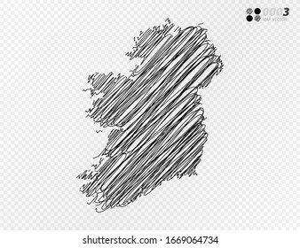Silueta negra vectorial crotica dibujo a mano dibujando un dibujo de Irlanda mapa sobre fondo transparente.