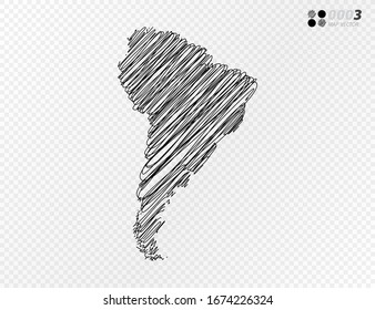 Silueta negra vectorial crotica dibujo a mano garabatos del mapa sudamericano sobre fondo transparente.