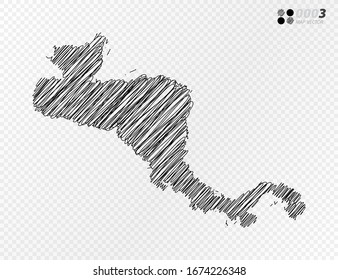 Vector black silhouette chaotic hand drawn scribble sketch  of Central America map on transparent background.