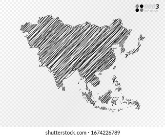 Vector black silhouette chaotic hand drawn scribble sketch  of Asia map on transparent background.