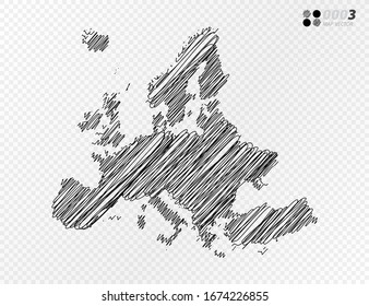 Vector black silhouette chaotic hand drawn scribble sketch  of Europe map on transparent background.