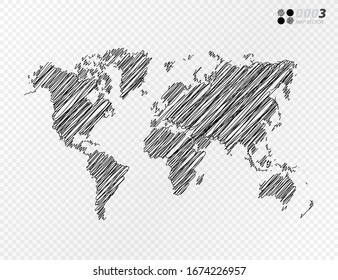 Vector black silhouette chaotic hand drawn scribble sketch  of World map on transparent background.
