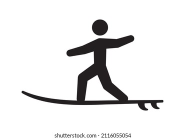 Silueta negra vectorial de un personaje montado en una tabla de surf. Aislado sobre fondo blanco.