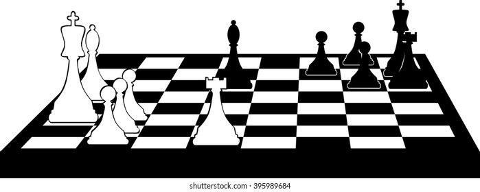 Vector black silhouette of a chess board with some pieces on it, no white objects, will look the same on the any colored background, EPS 8