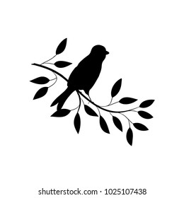 vector black silhouette contour simple illustration of bird on the branch tree