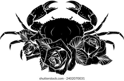 vector black silhouette of Crab isolated underwater animal sketch.