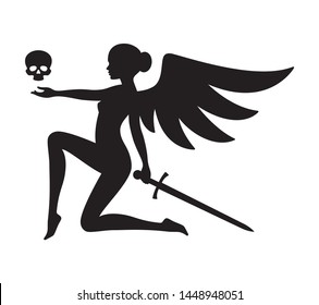 Vector black silhouette of cute angel of death. Isolated on white background