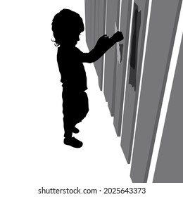 Vector Black Silhouette Of A Cute Five Year Old Baby, Boy Stand Sideways, Face In Profile. A Little Man Paints With A Paint Brush On The Gray Fence. Isolated On White Background.