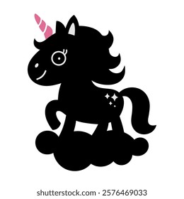 Vector black silhouette of cute pony unicorn is standing on cloud