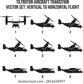 Vector black silhouette diagram set illustrating tiltrotor aircraft flight transition phases from vertical takeoff and landing (VTOL) hover mode to forward horizontal airplane flight mode, showing sequential nacelle tilting angles, isolated on a white background.