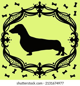 Vector black silhouette dog breed Dachshund. Beautiful frame patterns and cute bones. Poster, magazines, postcard and cover for notebooks.
