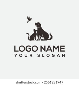 Vector black silhouette of a dog isolated on a white background. Kitten and puppy symbol dog logo Home pets, minimalist monoline  outline dog cat icon logo template vector illustration, Modern 