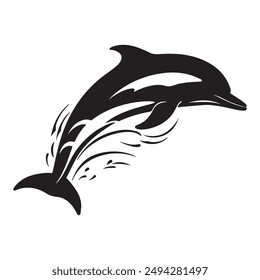 Vector black silhouette of a dolphin isolated on a white background.