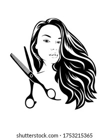 Vector black silhouette drawing of a head with the face of a beautiful girl, lady ,woman with long hair and a scissors.Logo for hairdressers and beauty salons.Milling shears icon.Fashion illustration.