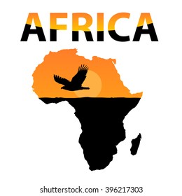 vector black silhouette of an eagle on a map of Africa in orange black livery with the words Africa in black orange colors