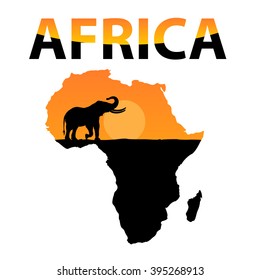 vector black silhouette of an elephant on a map of Africa in orange black livery with the words Africa in black orange colors