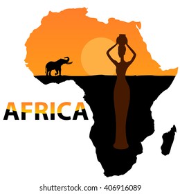 vector black silhouette of an elephant and women are the map of Africa, orange black clothes with the inscription of Africa in black and orange tones