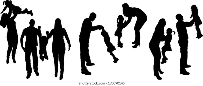 Vector black silhouette of family on white background