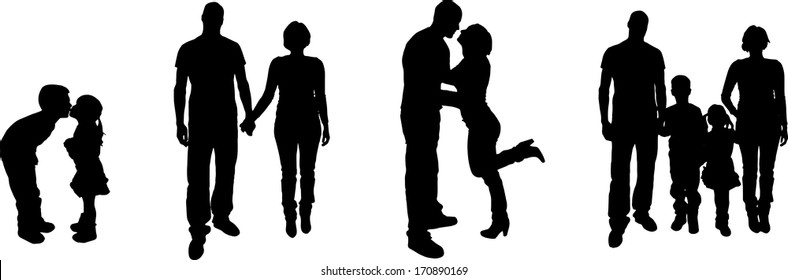 Vector black silhouette of family on white background