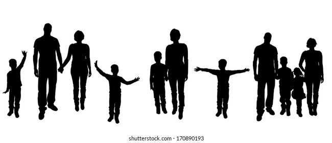 Vector black silhouette of family on white background