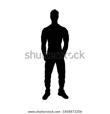 Vector black silhouette of a fit standing man with the arms in his pockets isolated on white background