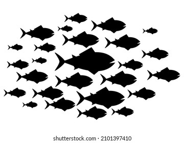 Vektorschwarze Silhouette einer Fischherde auf weißem Hintergrund. Abstrakte, schwarz-weiße Vektorgrafik.
