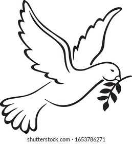 Vector black silhouette of a flying dove with olive branch on a white background. Peace dove sign