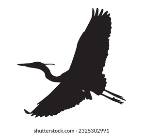 Silueta negra vectorial de una garza voladora