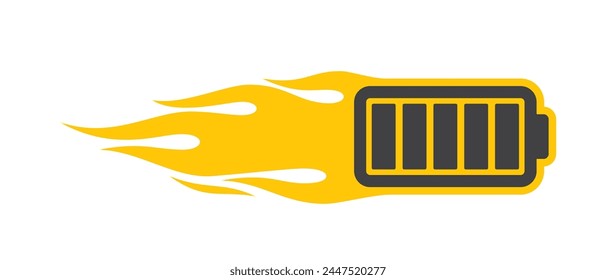 Vector black silhouette of flying yellow battery symbol with flames. Isolated on white background.